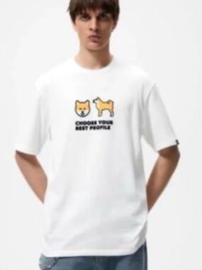 Zara Shiba Inu Graphic T-Shirt White Cotton Tee Paris Patch M NWT